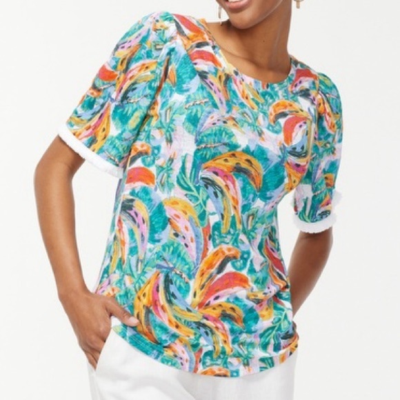 Chico’s Banana Linen Fringe Tropical Top Blouse XL (3) - Picture 1 of 6